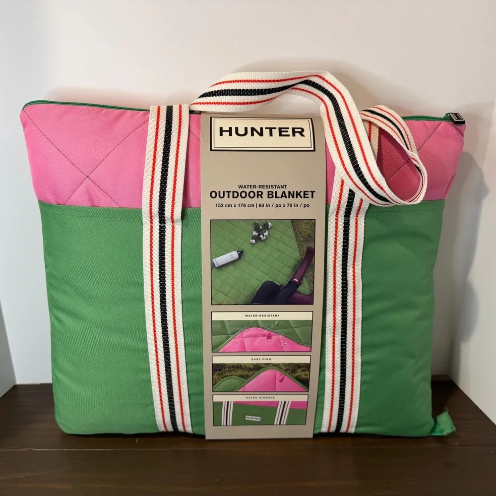 Hunter Water-Resistant Outdoor Blanket Picnic Tote Pink Green 60x70 New